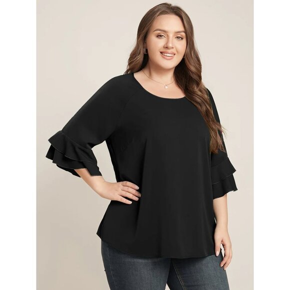 NWT BloomChic Plain Ruffle Tiered Round Neck Blouse Size 10/M - Picture 2 of 4